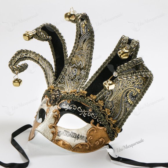 Black Gold Joker Venetian Musical Masquerade Party Eye Mask - Picture 2 of 4